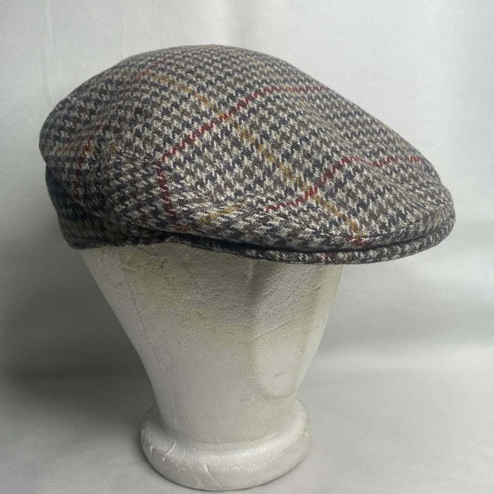 VTG Haymarket 100% Lambswool Plaid Herringbone Newsboy Hat OSFM Cabbie Cap Engla